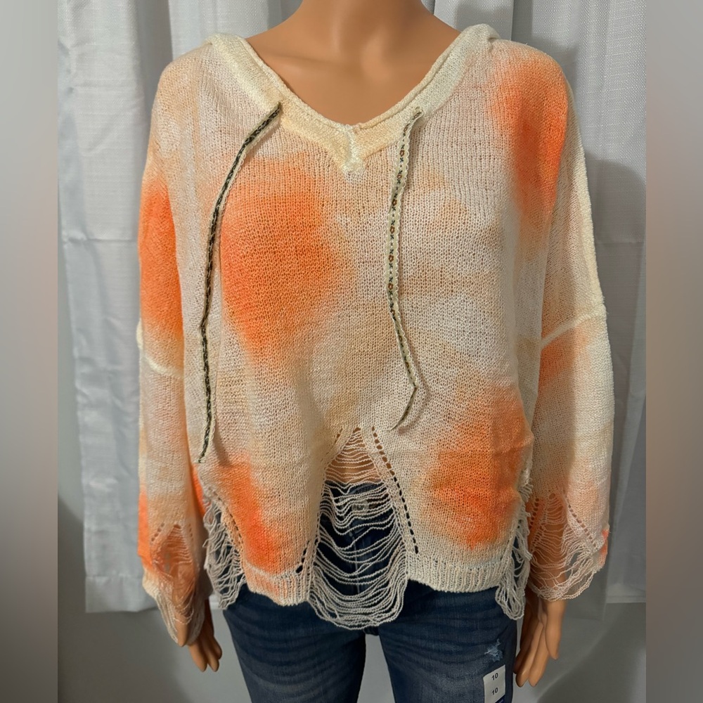 Cool POL size S orange white print distressed hooded oversized sweater new